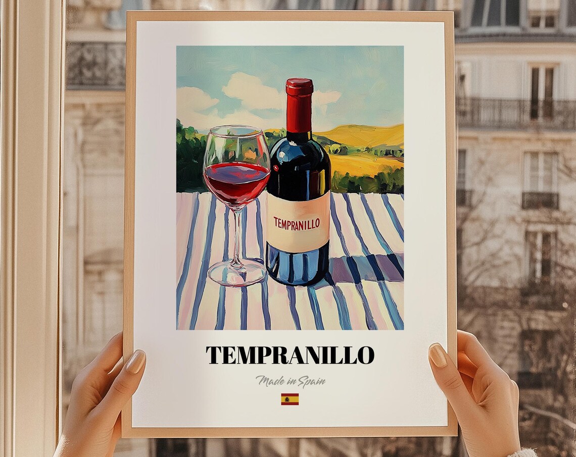Spanish Tempranillo Red Wine Bottle Glass Vineyard Hills Poster
