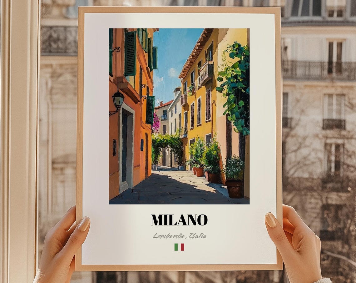 Milano Italy Charming Old Street Shuttered Windows Oil Painting Poster