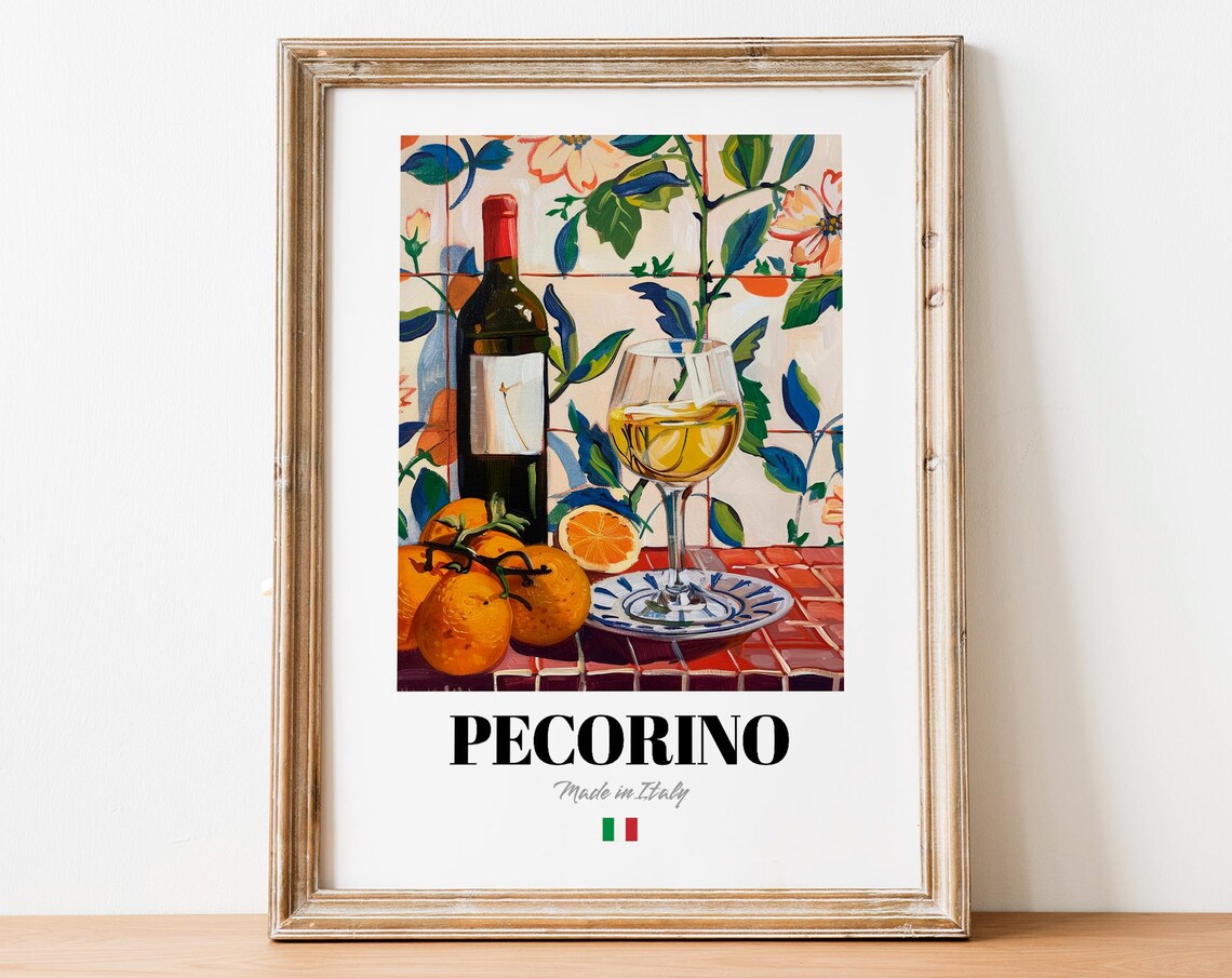 Vintage Pecorino Bottle Art Print, Italian Vineyard