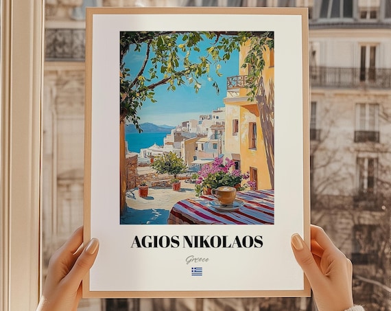 Agios Nikolaos Crete Greece Travel Poster Harbor Village Painting Decor