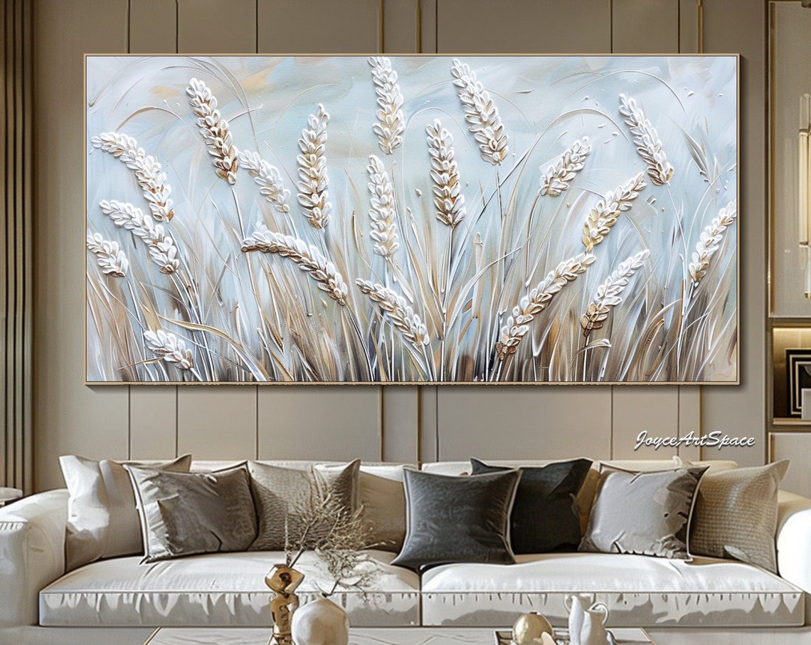 White Wheat Stalks Pale Blue Textured 3D Neutral Art Print Poster