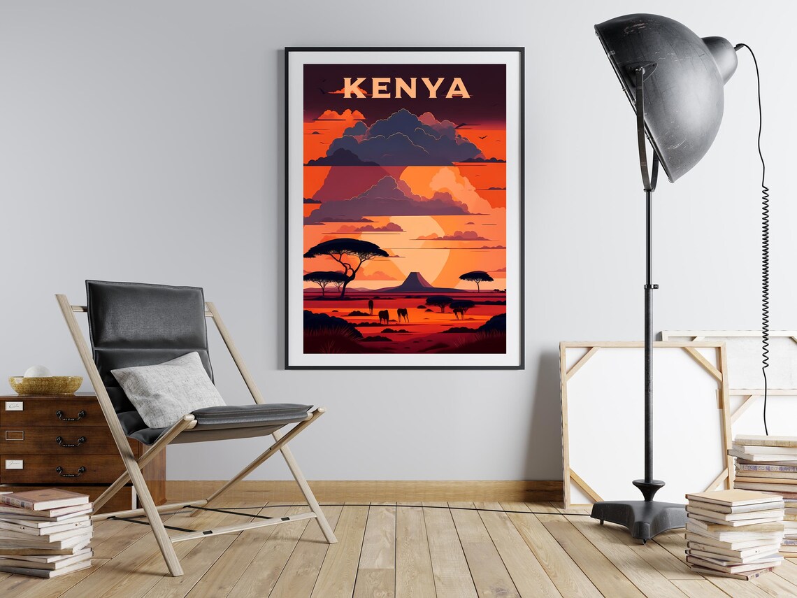 Kenya African Safari Sunset Acacia Elephants Retro Travel Poster - Image 2