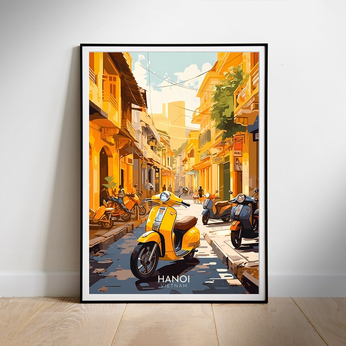 Hanoi Vietnam Old Town Scooter Street Yellow Shops Travel Poster