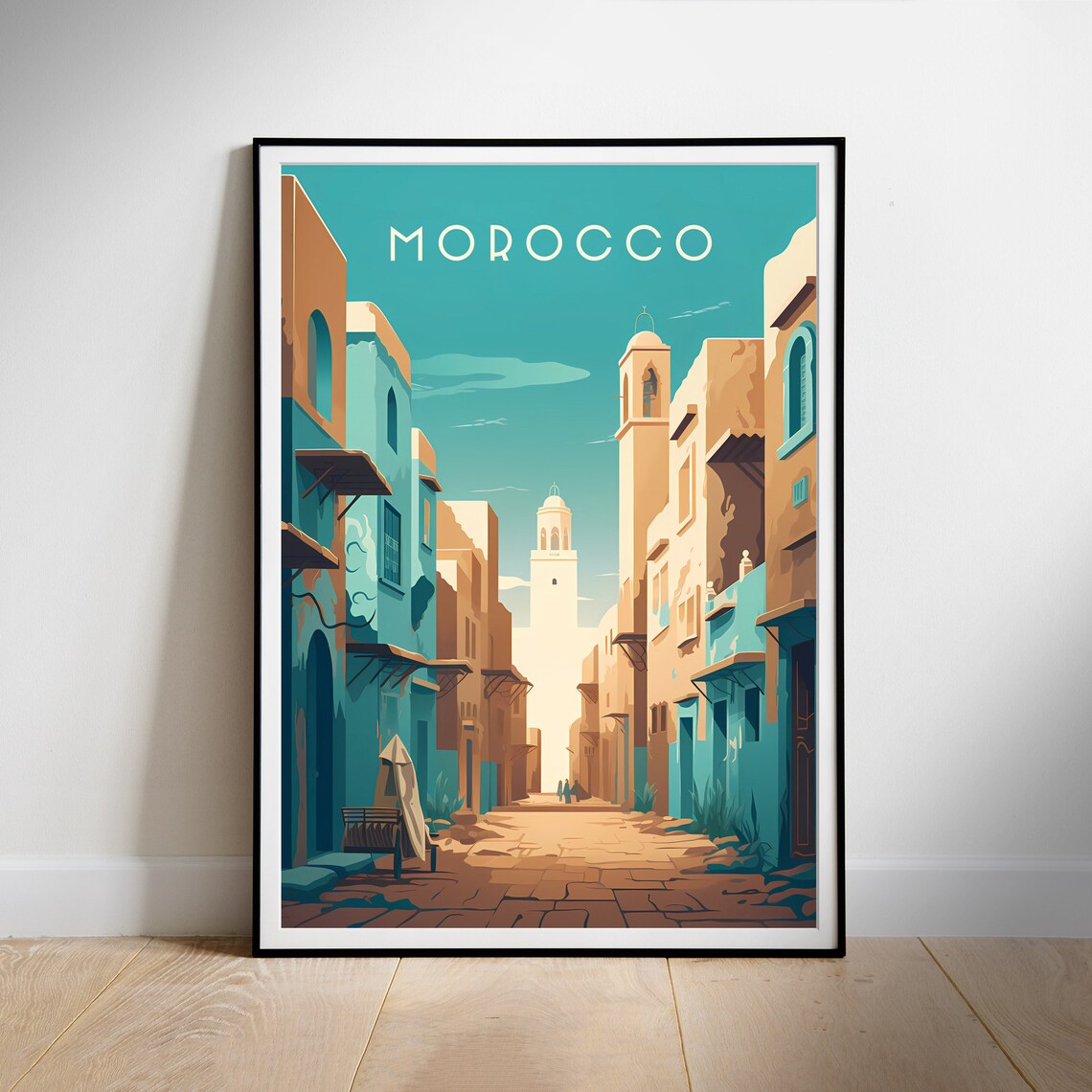 Morocco Medina Street Teal Doors Historic Retro Travel Poster - Image 2