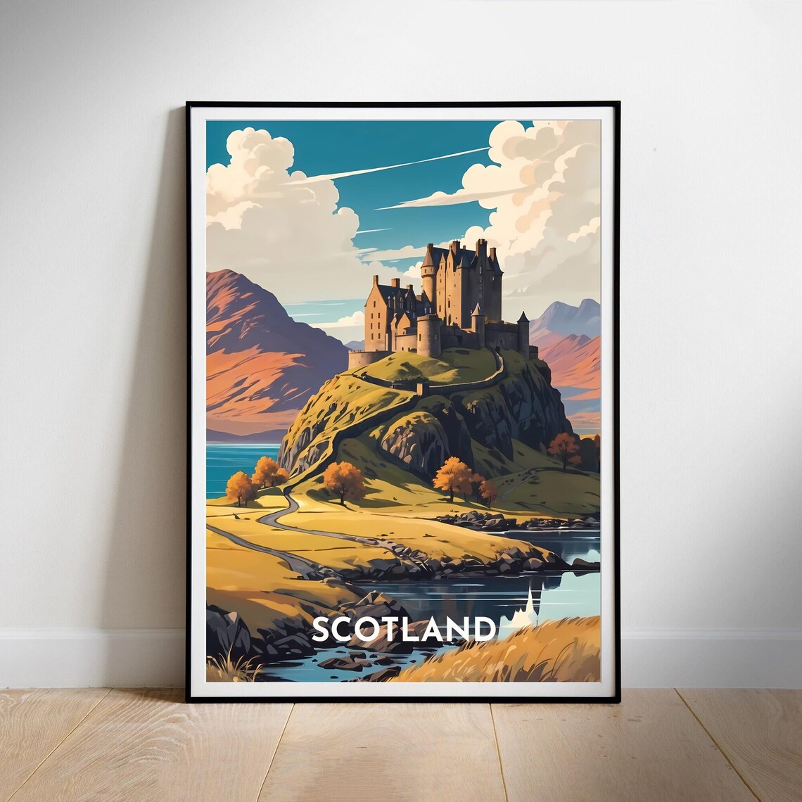Scotland Highland Castle Golden Autumn Hills Retro Travel Poster
