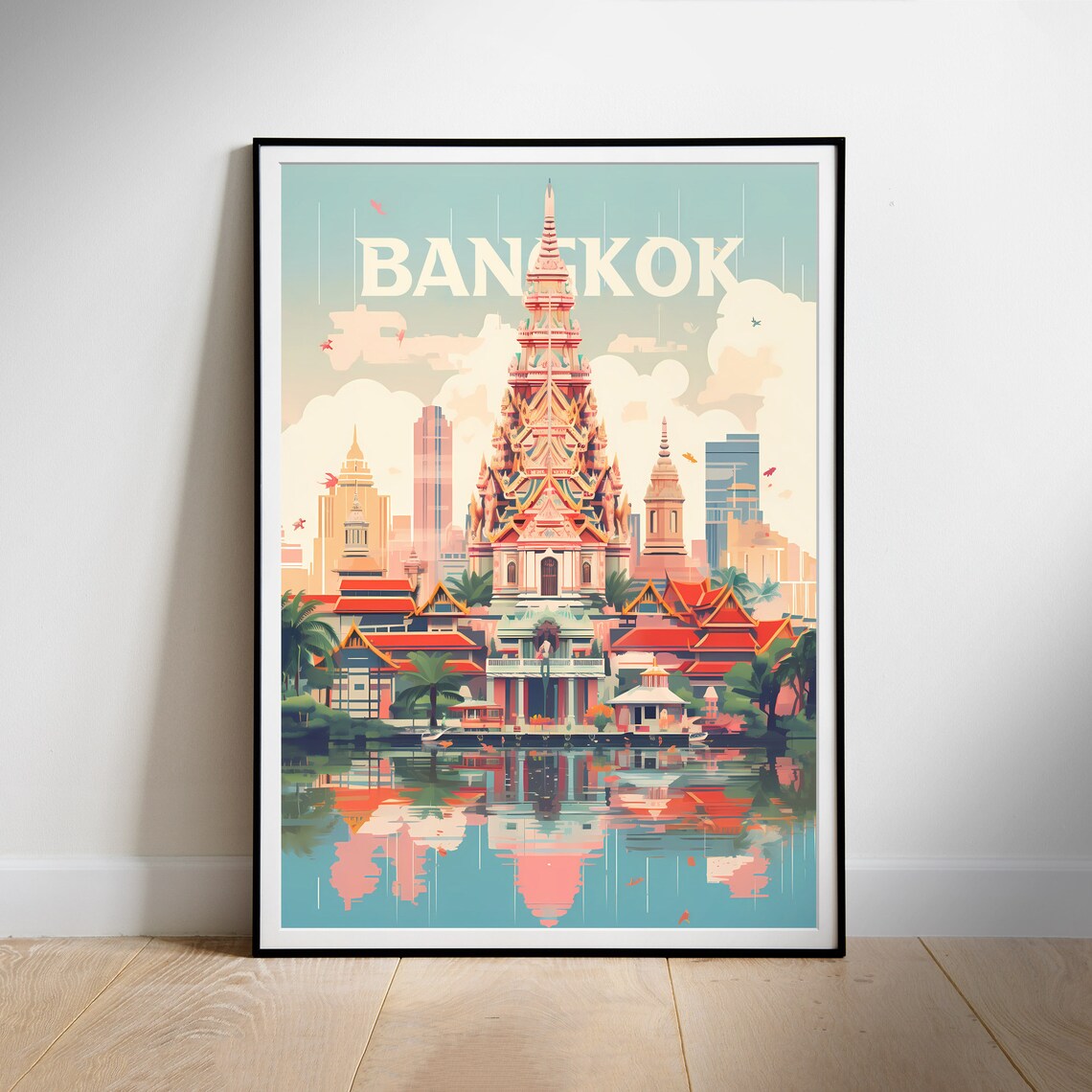 Bangkok Thai Temple Riverside Golden Reflection Travel Poster
