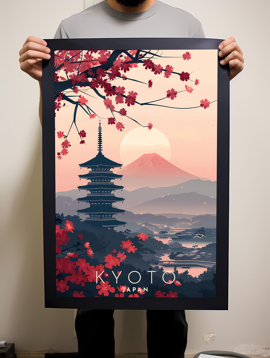 Kyoto Japan Pagoda Mount Fuji Cherry Blossom Retro Travel Poster