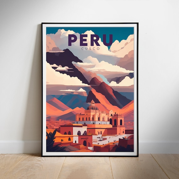 Peru Cusco Colonial Cathedral Andes Mountain Retro Travel Poster