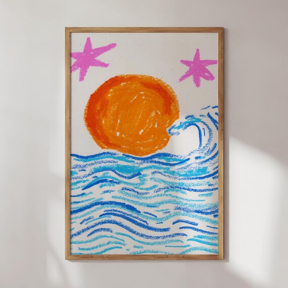 Playful Crayon Sunset Orange Sun Blue Ocean Wave Beach Art Poster