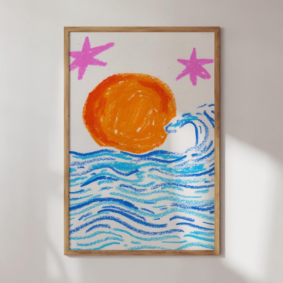 Playful Crayon Sunset Orange Sun Blue Ocean Wave Beach Art Poster