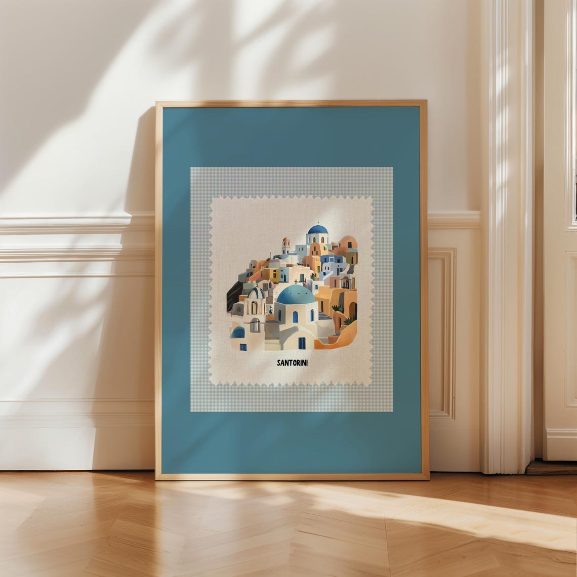 Santorini Greece Blue Domes Village Stamp Style Framed Poster
