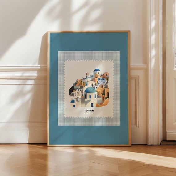 Santorini Greece Blue Domes Village Stamp Style Framed Poster