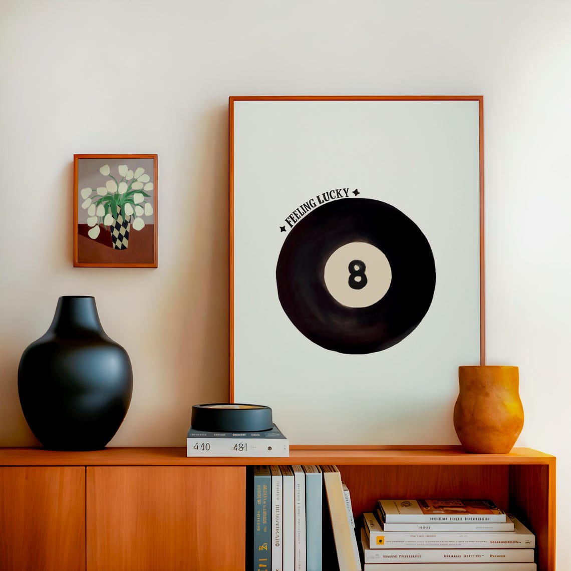 Feeling Lucky Black Eight Ball Retro Handdrawn Trendy Poster