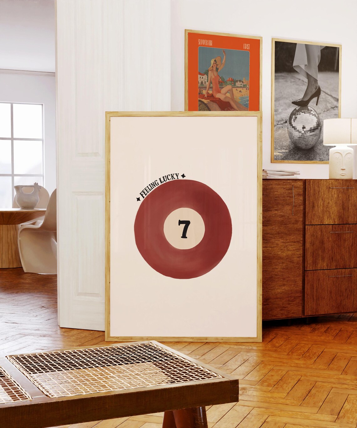 Feeling Lucky Vintage Red Seven Ball Retro Handdrawn Art Poster
