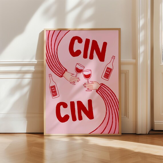 Cin Cin Cheers Pink Red Wine Glasses Bold Retro Bar Decor Poster