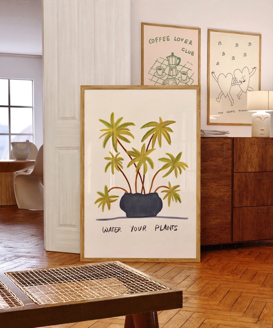 Water Your Plants Potted Palm Leaf Illustration Green Decor Poster
