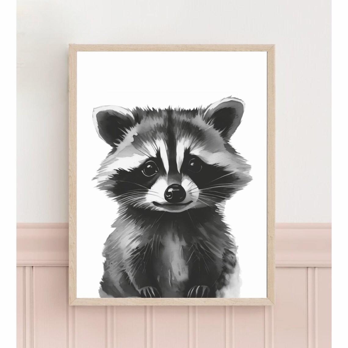 Baby Raccoon Portrait Watercolor Black and White Nursery Poster - Image 2