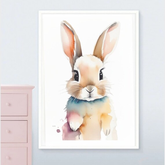 Watercolor Bunny Rabbit Close Up Nursery Animal Art Wall Poster