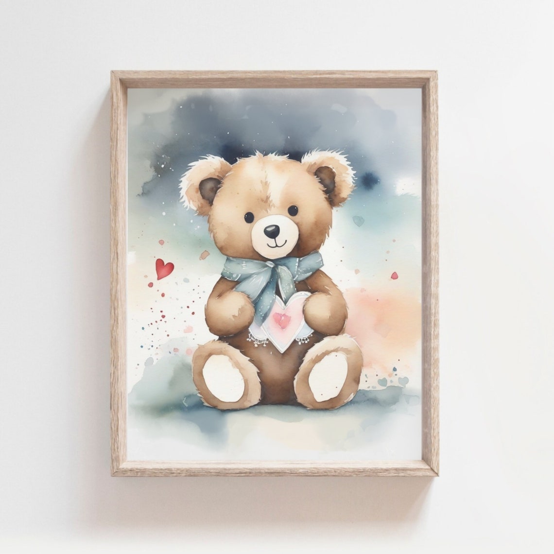 Teddy Bear Holding Heart Blue Bow Watercolor Nursery Wall Poster