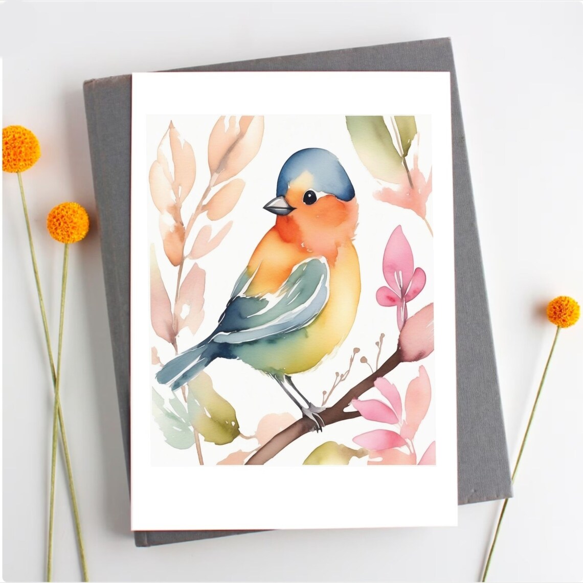 Colorful Watercolor Bird on Branch Spring Floral Nursery Poster - Image 2