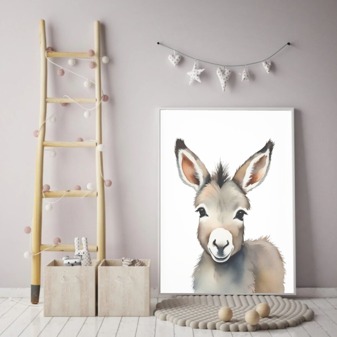 Sweet Baby Donkey Face Soft Watercolor Farm Nursery Animal Poster - Image 2