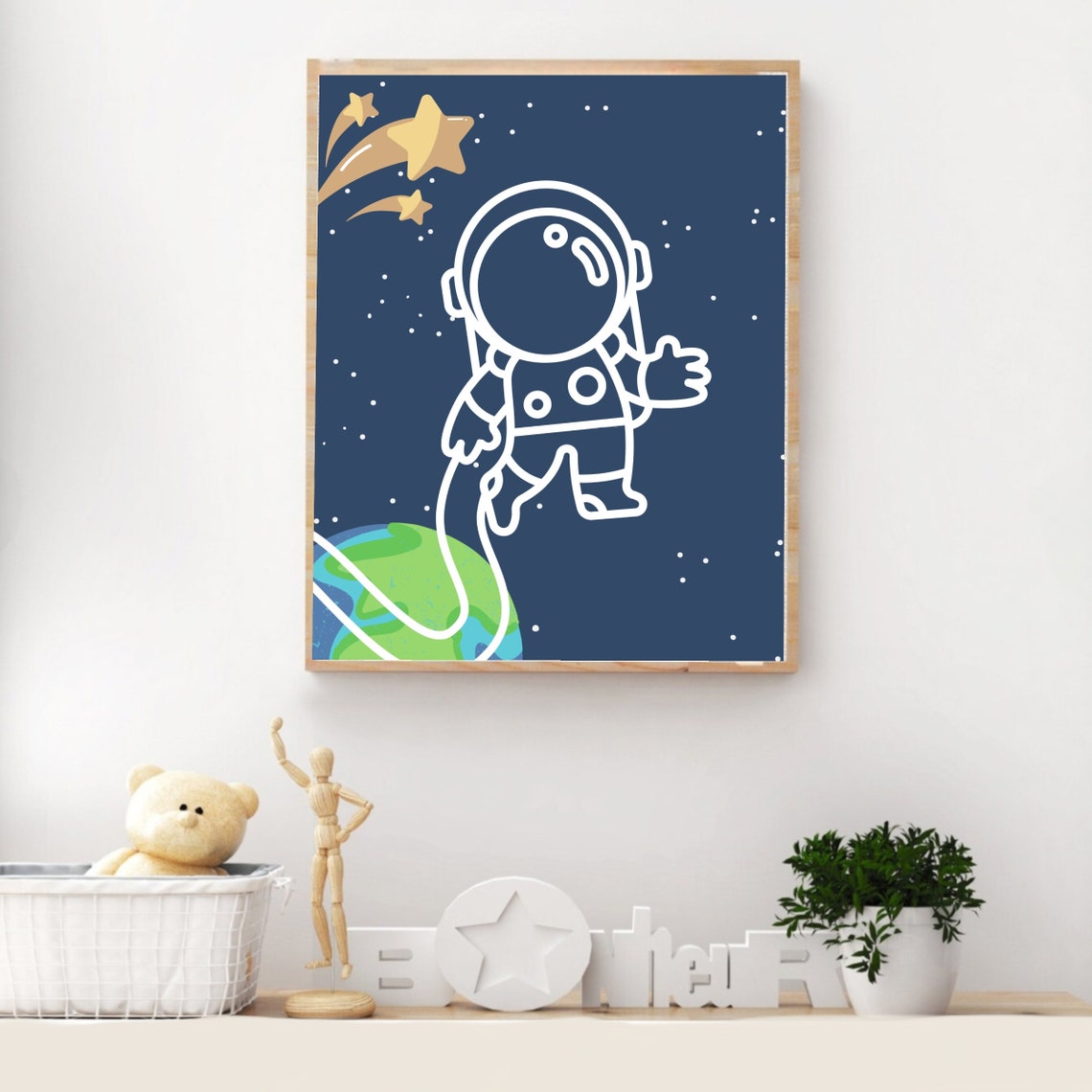 Cute Astronaut Floating In Space Stars Navy Nursery Art Poster - Image 2