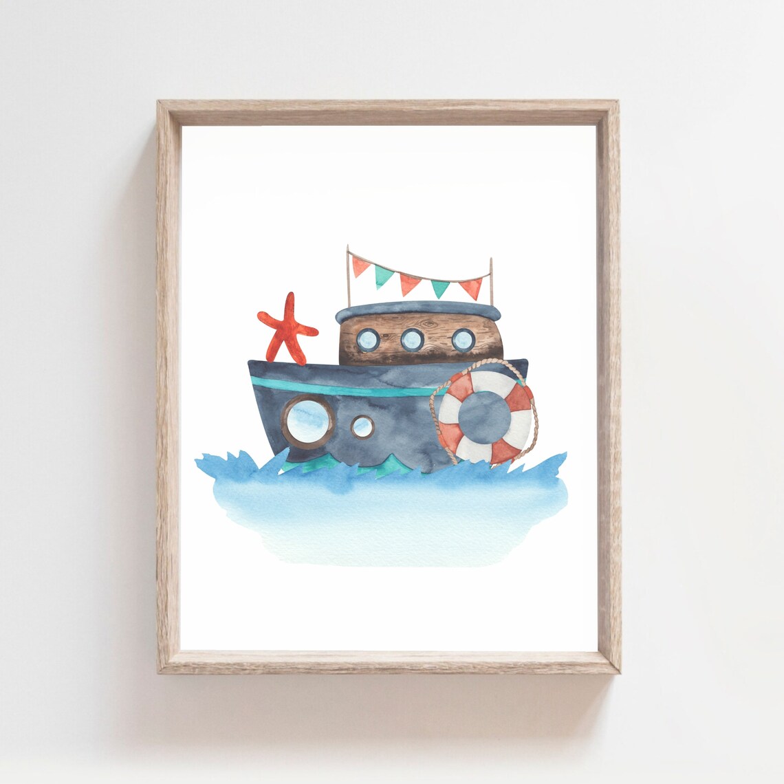 Watercolor Tugboat With Starfish Life Ring Bunting Flags Boys Nursery Poster