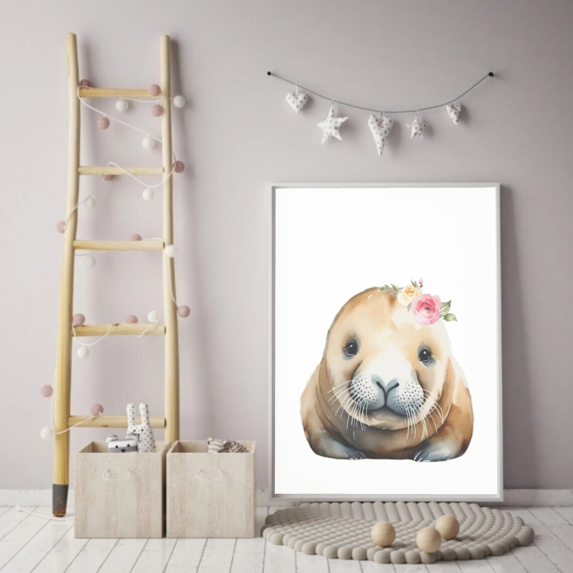 Watercolor Walrus Flower Crown Arctic Nursery Baby Animal Poster - Image 2