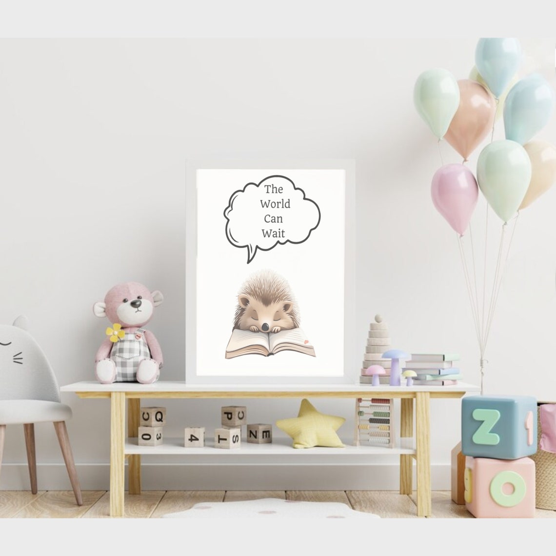 Sleepy Hedgehog Reading Book The World Can Wait Quote Poster - Image 2