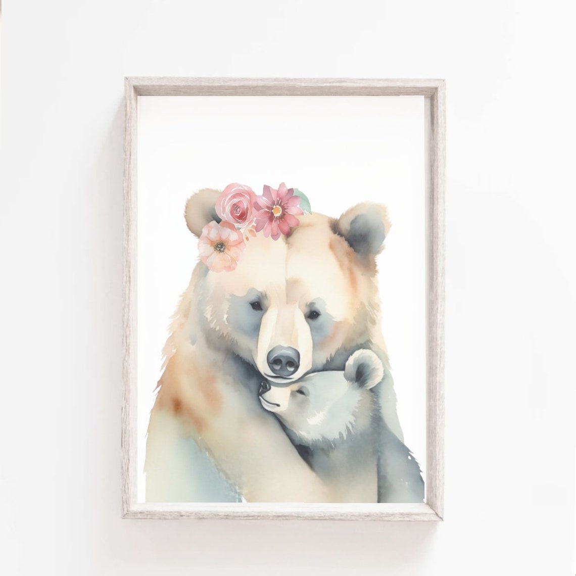Loving Mama Bear Hugging Cub Flower Crown Nursery Art Poster