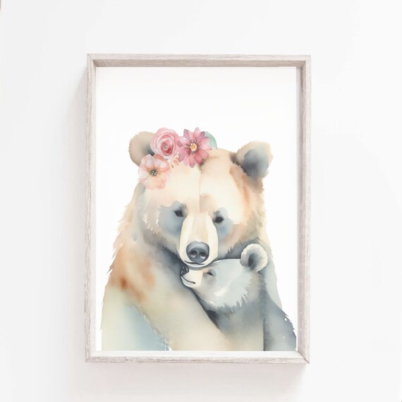Loving Mama Bear Hugging Cub Flower Crown Nursery Art Poster