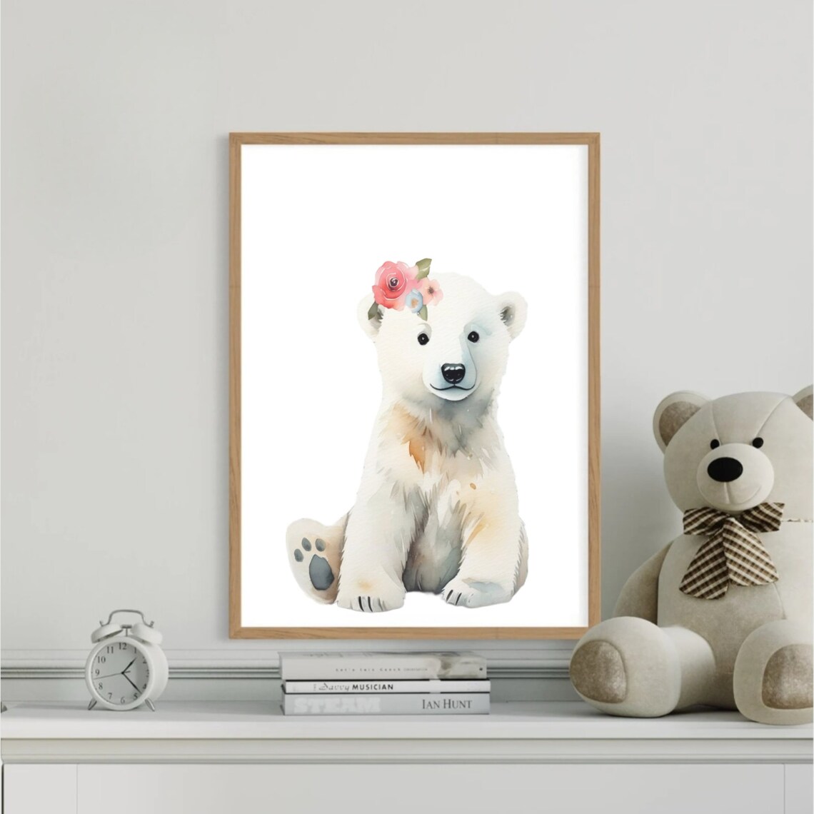 Sweet Polar Bear Cub Flower Crown Watercolor Nursery Art Poster - Image 2