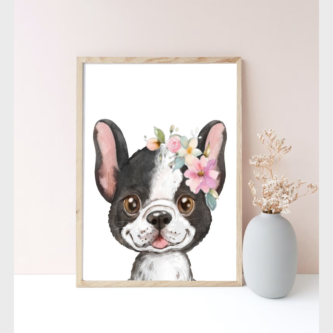 Cute French Bulldog Puppy Flower Crown Nursery Room Art Poster - Image 2