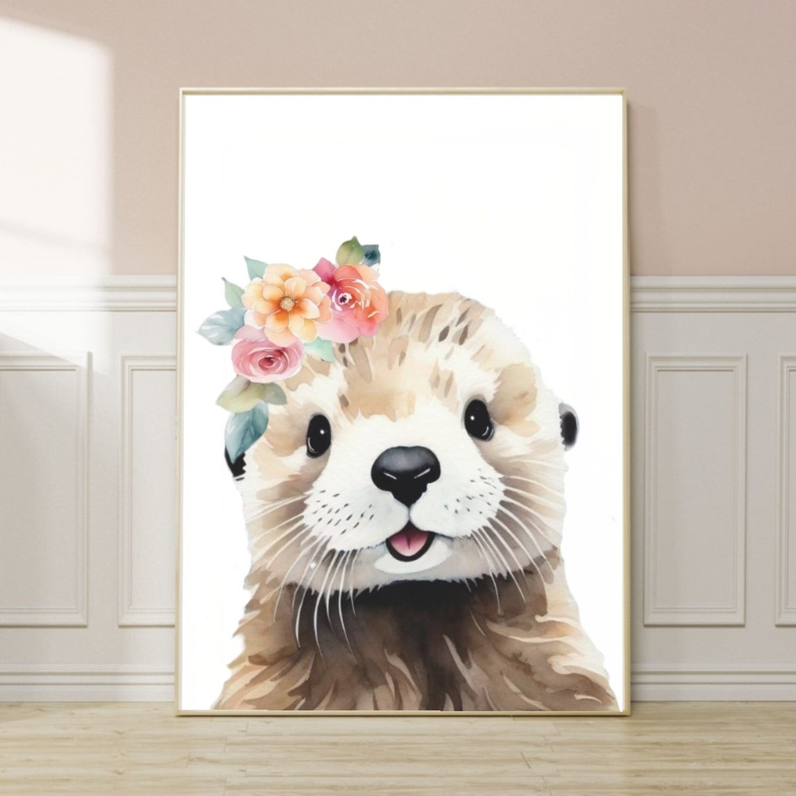 Girls Room Otter Print Watercolor Art Poster Flower Crown Animal Sea Animal Baby Animal Otter Wall Decor Otter Poster - Image 2
