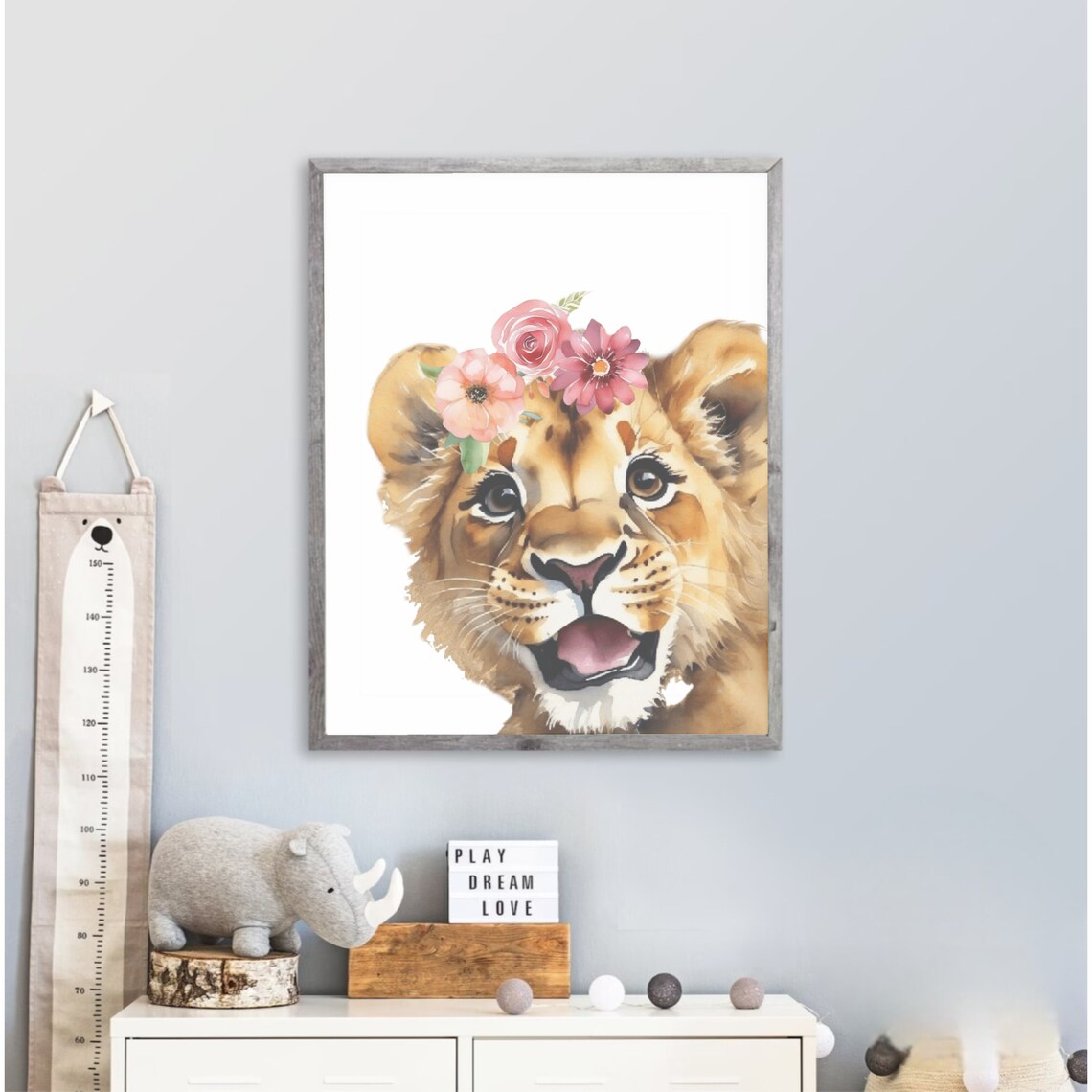 Happy Lion Cub Flower Crown Watercolor Nursery Room Art Poster - Image 2