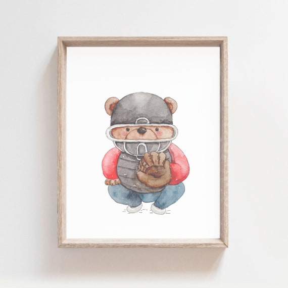 Baseball Print Sport Nursery Sport Animals Baseball Artwork Baseball Wall Art Children Room Decor Watecolor Wall Print Bear