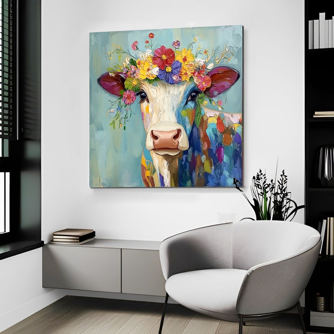 Abstract Floral Cow Oil-Painting Art Print, Living Room - Image 4