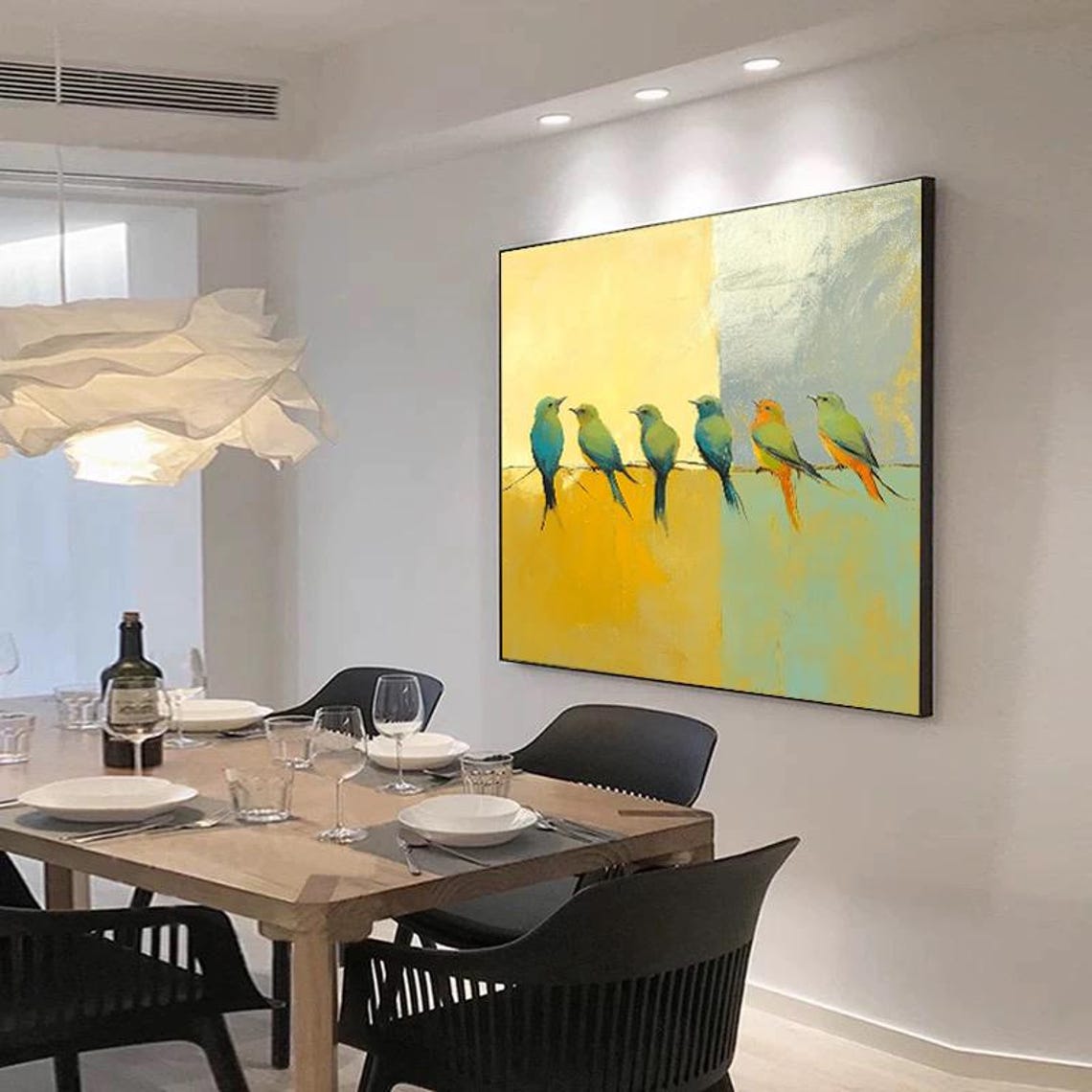 Seven Colorful Birds Perched on a Wire Over Gold Blocks Poster - Image 2