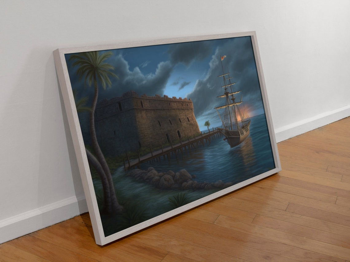 Historic Coastal Stone Fort at Night with a Tall Ship Wall Poster