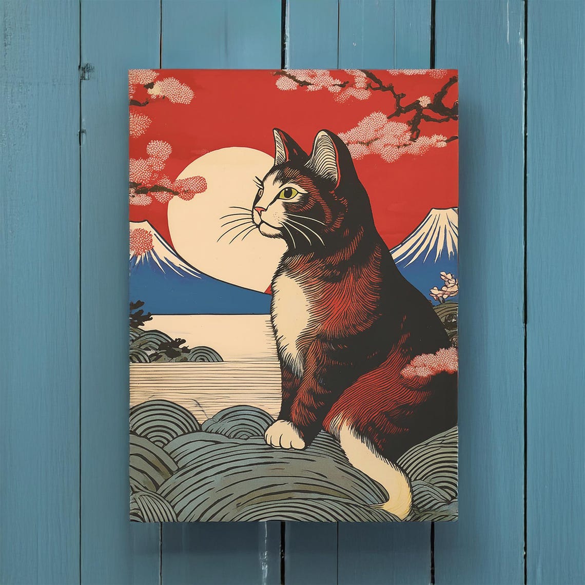 Cat Before Mount Fuji and Red Sun Japanese Woodblock Art Poster