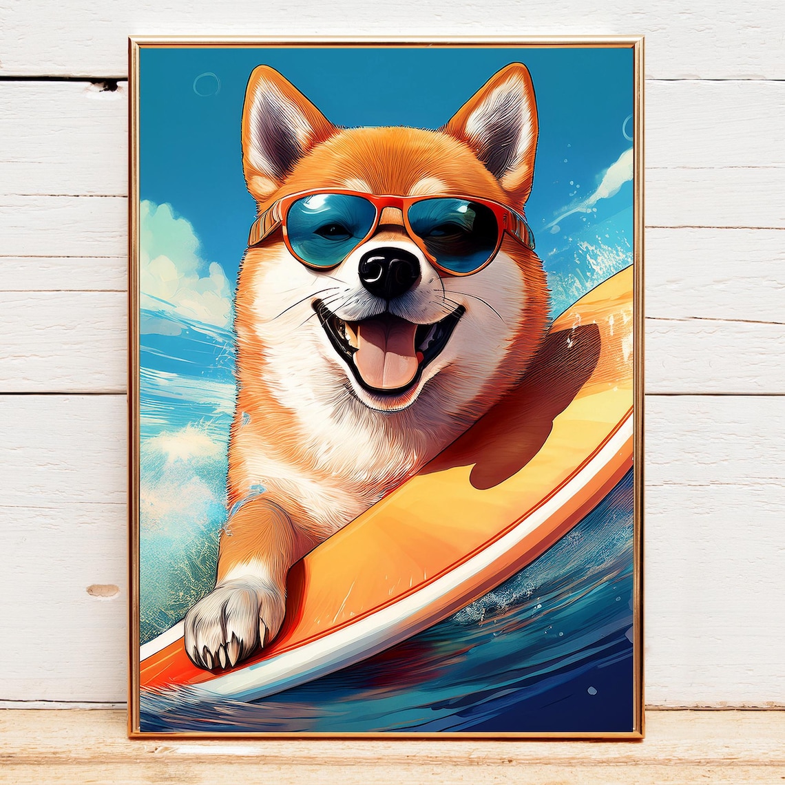 Happy Shiba Inu Surf Dog Sunglasses Ocean Wave Portrait Poster