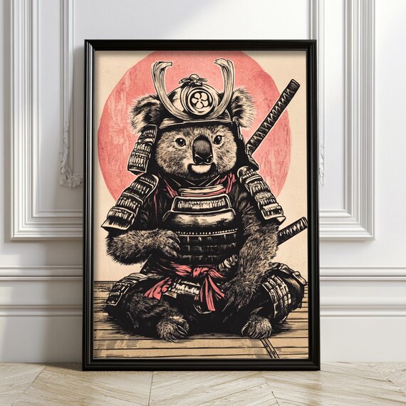 Samurai Koala Warrior Armor Red Sun Funny Japanese Animal Poster