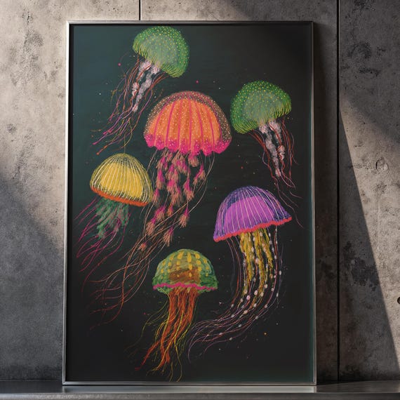 Dreamy Neon Jellyfish Garden Print Colorful Underwater Wall Art Oceanic Poster