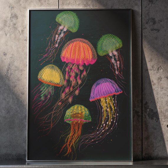 Neon Jellyfish Garden Colorful Underwater Black Background Poster