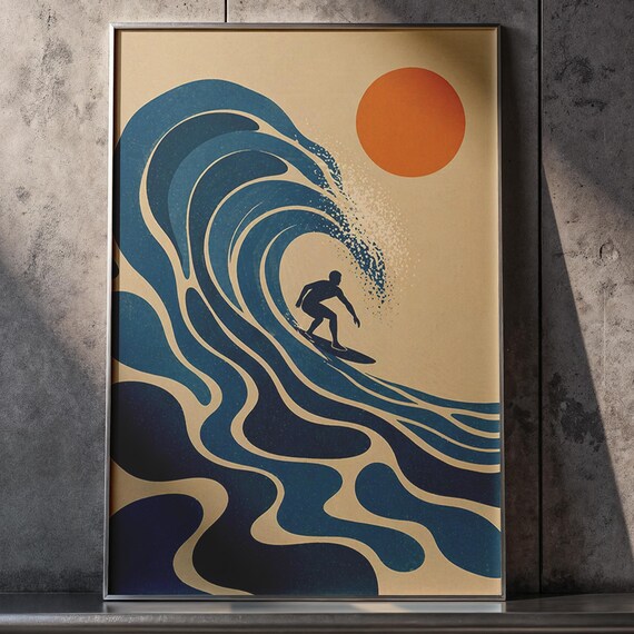 Retro Surfer Wave Art Print Abstract Coastal Beach Wall Poster Unframed