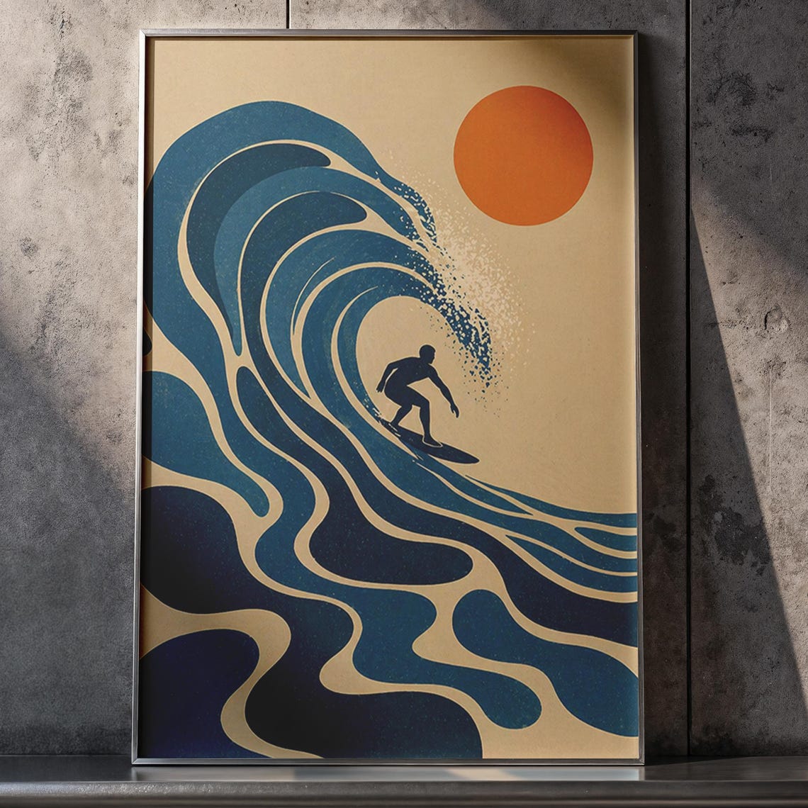 Retro Surfer Riding Big Blue Wave Orange Sun Vintage Surf Poster