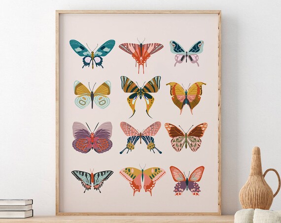 Colorful Butterflies Chart Boho Blush Pink Nursery Art Poster