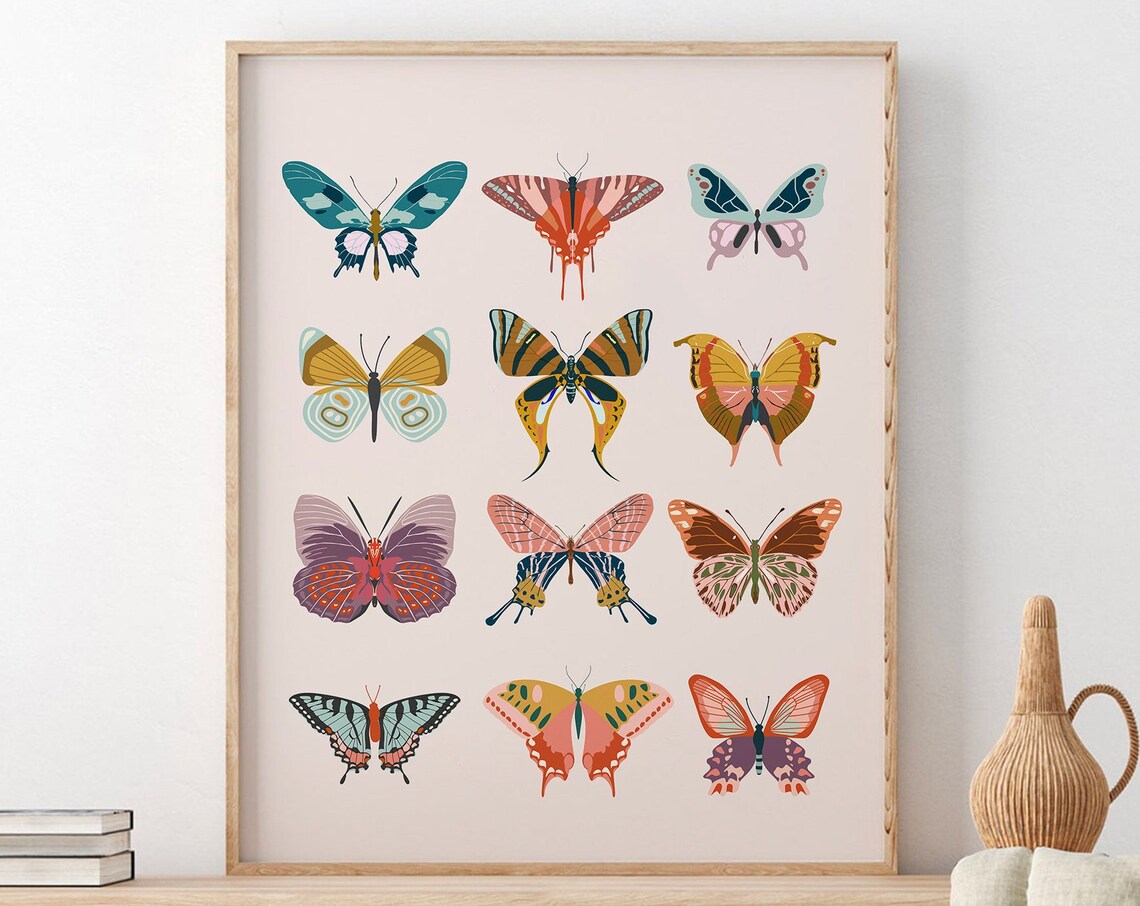 Colorful Butterflies Chart Boho Blush Pink Nursery Art Poster