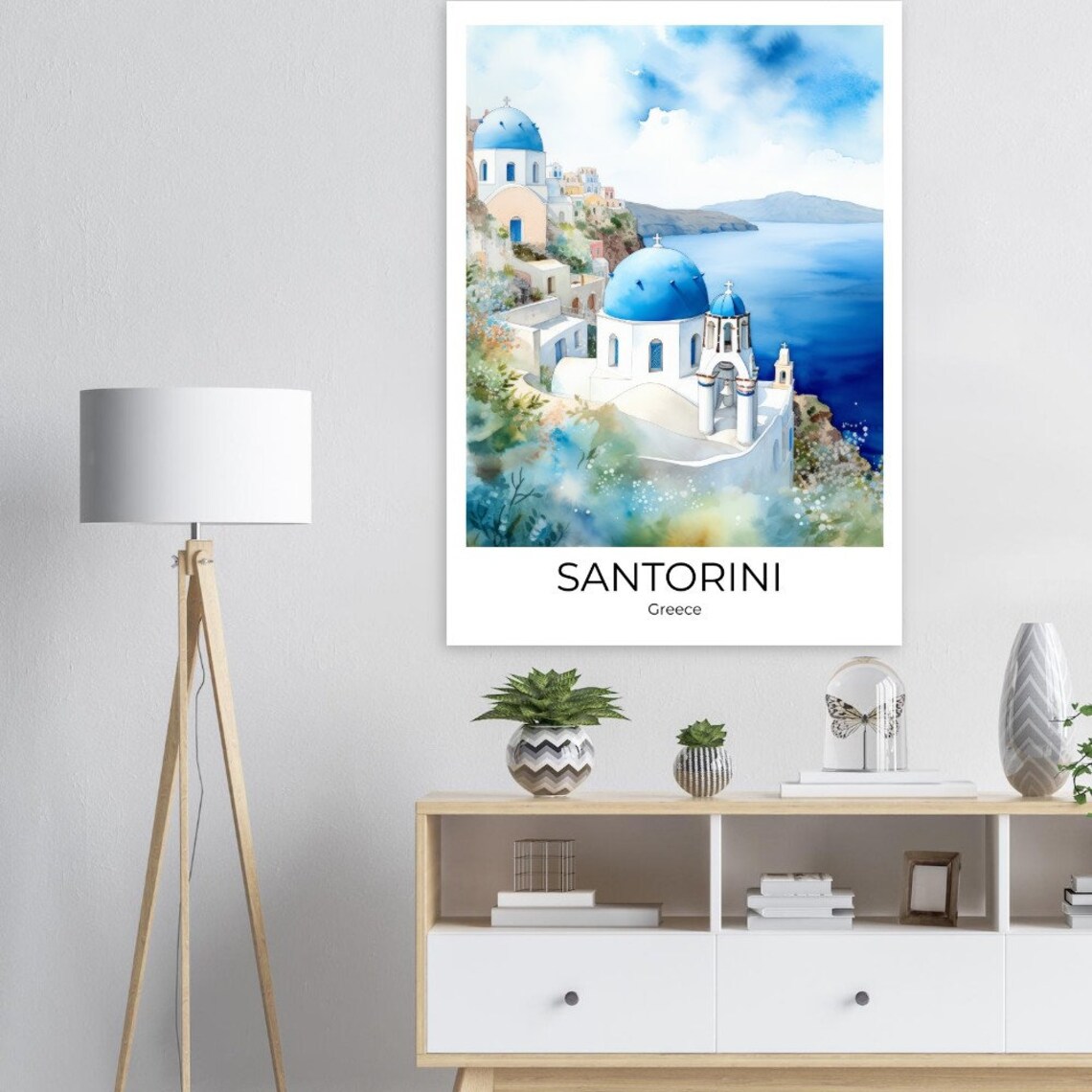 Santorini Greece Blue Domes Cliff Sea View Watercolor Travel Poster - Image 2