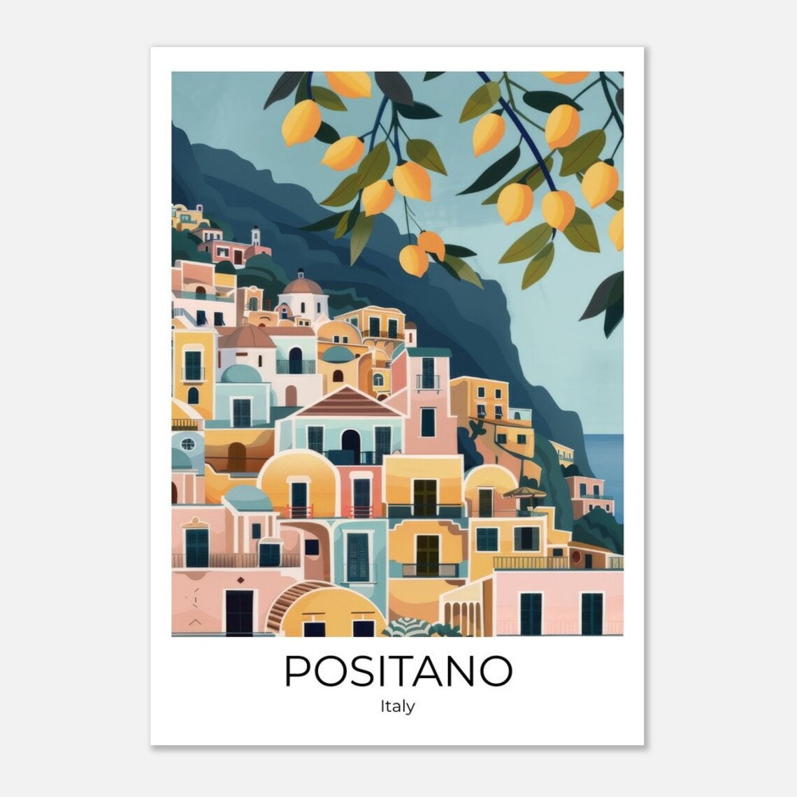 Positano Italy Travel Poster Amalfi Coast Village Lemon Branches Art